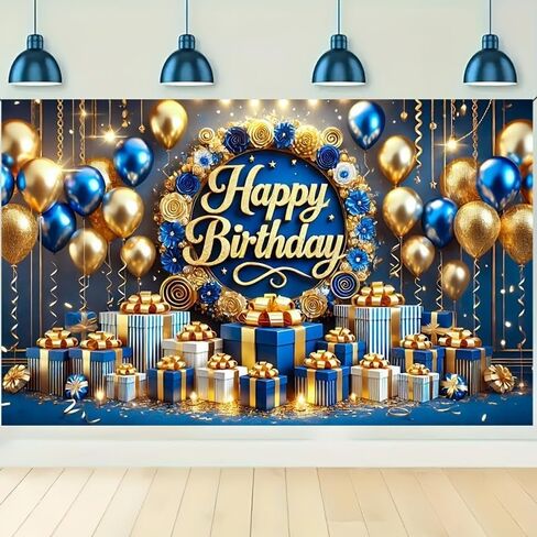 GOLD 3D TEXT Blue Gold Balloon Gift Pattern Blue Background Banner Decoration موضوع سعيد خلفية عيد ميلاد زخرفة حفلة in Saudi Arabia
