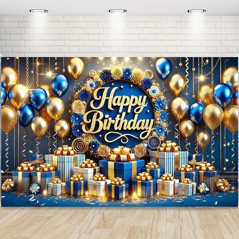 GOLD 3D TEXT Blue Gold Balloon Gift Pattern Blue Background Banner Decoration موضوع سعيد خلفية عيد ميلاد زخرفة حفلة in Saudi Arabia