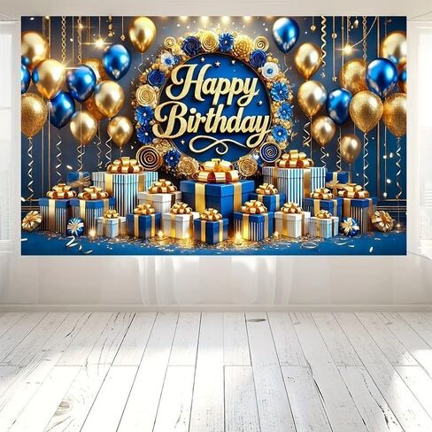 GOLD 3D TEXT Blue Gold Balloon Gift Pattern Blue Background Banner Decoration موضوع سعيد خلفية عيد ميلاد زخرفة حفلة in Saudi Arabia