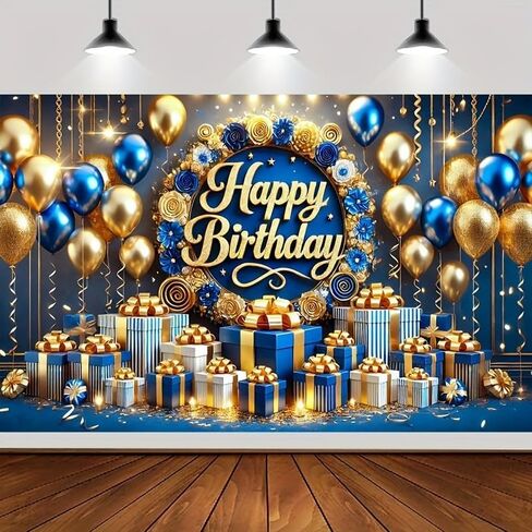 GOLD 3D TEXT Blue Gold Balloon Gift Pattern Blue Background Banner Decoration موضوع سعيد خلفية عيد ميلاد زخرفة حفلة in Saudi Arabia
