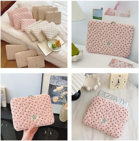9-15in Cutecore Puffy Laptop Sleeve Coquette Cute Floral Quilted Laptop Case Cover Vintage Storage Bag Accessories (Yellow,13-14in) in Kuwait