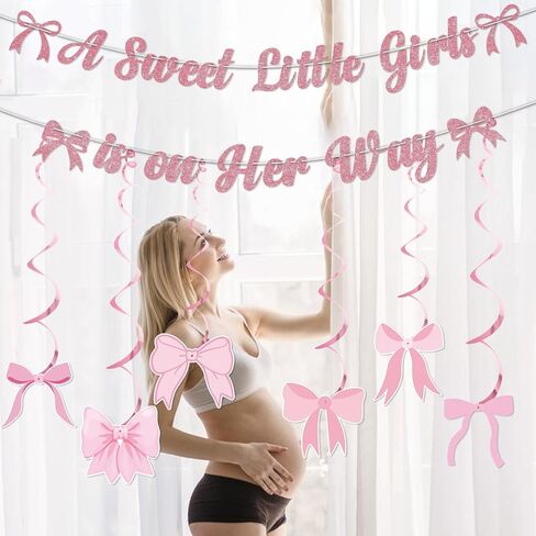 A Sweet Little Girl is on Her Way Banner Rose Gold Glitter, Pink Bow Baby Shower Decorations, Baby Girl Banner, Coquette Its a Girl Baby Shower Decorations for Sweet Baby Girl in Saudi Arabia