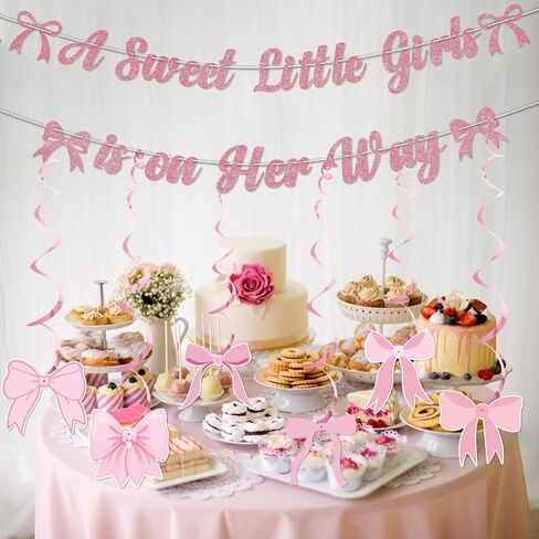 A Sweet Little Girl is on Her Way Banner Rose Gold Glitter, Pink Bow Baby Shower Decorations, Baby Girl Banner, Coquette Its a Girl Baby Shower Decorations for Sweet Baby Girl in Saudi Arabia