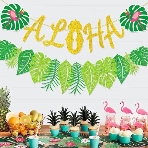 ترقية ، زخارف راية ألوها ، لافتة لوا مع أوراق النخيل اللامعة ، لتوصيلات الحفلات الطرامية في هاواي الاستوائية الصيفية in Kuwait
