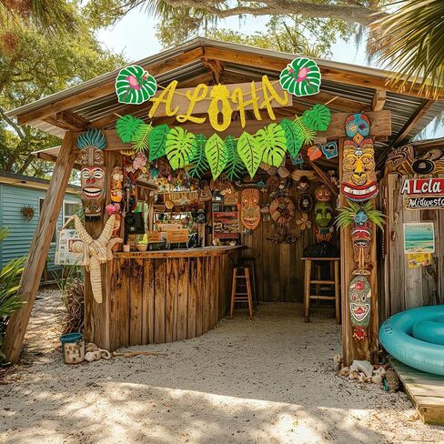 ترقية ، زخارف راية ألوها ، لافتة لوا مع أوراق النخيل اللامعة ، لتوصيلات الحفلات الطرامية في هاواي الاستوائية الصيفية in Kuwait