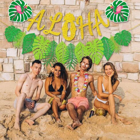 ترقية ، زخارف راية ألوها ، لافتة لوا مع أوراق النخيل اللامعة ، لتوصيلات الحفلات الطرامية في هاواي الاستوائية الصيفية in Kuwait