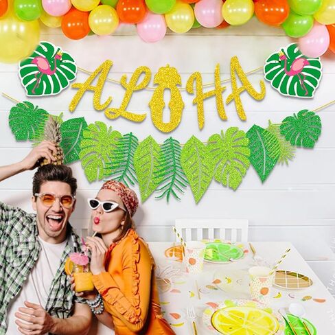 ترقية ، زخارف راية ألوها ، لافتة لوا مع أوراق النخيل اللامعة ، لتوصيلات الحفلات الطرامية في هاواي الاستوائية الصيفية in Kuwait