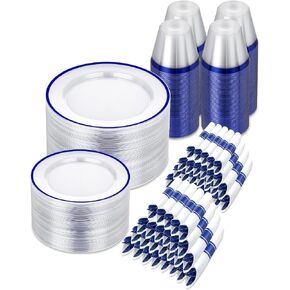 350PCS Clear and Blue Disposable Plates Set for 50 Guests, 100 Plastic Plates, 50 Plastic Cups, 50 Pre-Rolled Napkins with Plastic Cutlery in Saudi Arabia