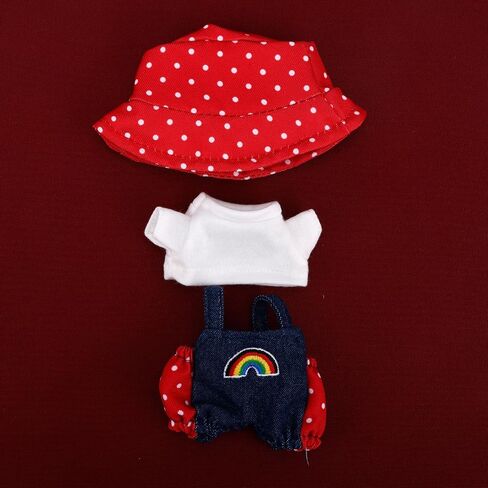مجموعة ملابس الدمية ، أزياء دمية لطيفة 17 سم بما في ذلك قوس قوس قزح تي شيرت و Polka Dot Bucket Dust Hat Fashion Associate Supervories Supplies (Red) in Kuwait
