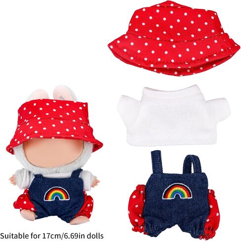 مجموعة ملابس الدمية ، أزياء دمية لطيفة 17 سم بما في ذلك قوس قوس قزح تي شيرت و Polka Dot Bucket Dust Hat Fashion Associate Supervories Supplies (Red) in Kuwait