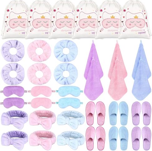36 PCS Girls Sleepover Party Supply Slumber Spa Party Supplies 3 Color مع الأكياس ، وأقنعة العيون ، وحبال الشعر ، وعصابات الرأس ، ومسح الوجه ، والنعال لألعاب أعياد الميلاد ، والتجمعات العائلية in Kuwait
