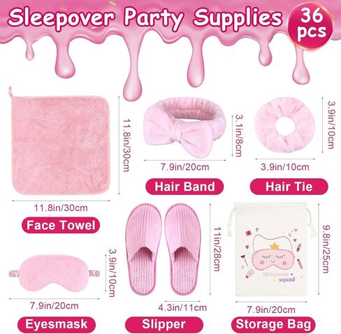 36 PCS Girls Sleepover Party Supply Slumber Spa Party Supplies 3 Color مع الأكياس ، وأقنعة العيون ، وحبال الشعر ، وعصابات الرأس ، ومسح الوجه ، والنعال لألعاب أعياد الميلاد ، والتجمعات العائلية in Kuwait