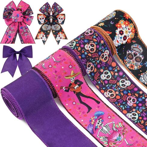 4 Rolls Day of the Dead Wired Edge Ribbon ، Black Purple Skull Flower Printed Burlap Ribbon Mexican Di De Los Meurtos Ribbon for Mexican Halloween Party Party Supplies Supplies in Saudi Arabia
