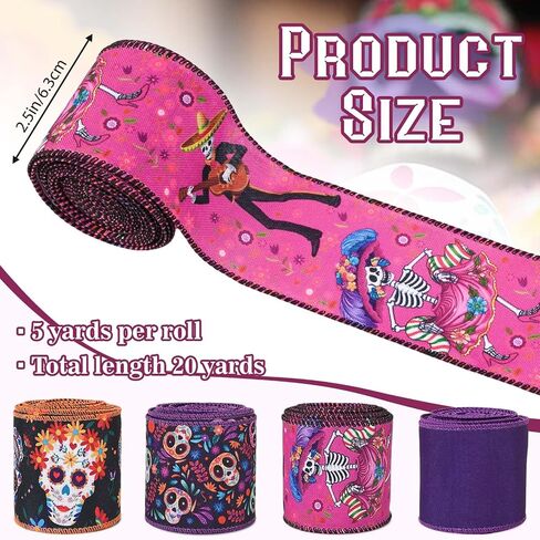 4 Rolls Day of the Dead Wired Edge Ribbon ، Black Purple Skull Flower Printed Burlap Ribbon Mexican Di De Los Meurtos Ribbon for Mexican Halloween Party Party Supplies Supplies in Saudi Arabia