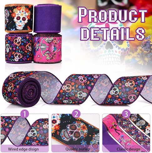 4 Rolls Day of the Dead Wired Edge Ribbon ، Black Purple Skull Flower Printed Burlap Ribbon Mexican Di De Los Meurtos Ribbon for Mexican Halloween Party Party Supplies Supplies in Saudi Arabia