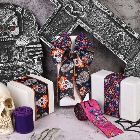 4 Rolls Day of the Dead Wired Edge Ribbon ، Black Purple Skull Flower Printed Burlap Ribbon Mexican Di De Los Meurtos Ribbon for Mexican Halloween Party Party Supplies Supplies in Saudi Arabia