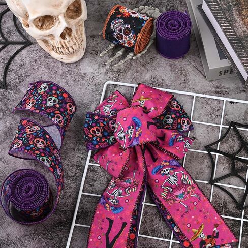 4 Rolls Day of the Dead Wired Edge Ribbon ، Black Purple Skull Flower Printed Burlap Ribbon Mexican Di De Los Meurtos Ribbon for Mexican Halloween Party Party Supplies Supplies in Saudi Arabia