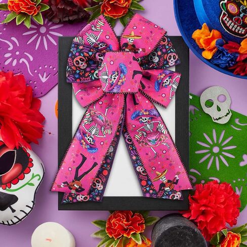4 Rolls Day of the Dead Wired Edge Ribbon ، Black Purple Skull Flower Printed Burlap Ribbon Mexican Di De Los Meurtos Ribbon for Mexican Halloween Party Party Supplies Supplies in Saudi Arabia