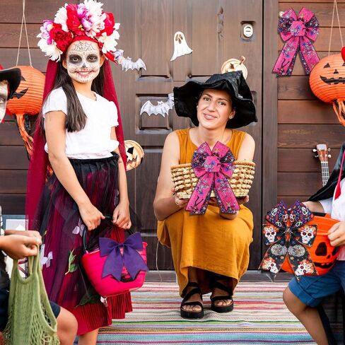 4 Rolls Day of the Dead Wired Edge Ribbon ، Black Purple Skull Flower Printed Burlap Ribbon Mexican Di De Los Meurtos Ribbon for Mexican Halloween Party Party Supplies Supplies in Saudi Arabia