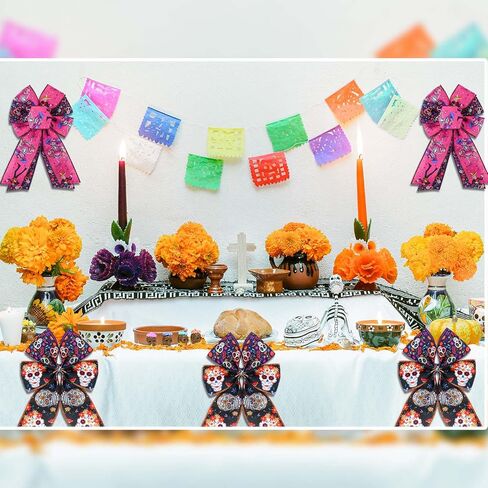 4 Rolls Day of the Dead Wired Edge Ribbon ، Black Purple Skull Flower Printed Burlap Ribbon Mexican Di De Los Meurtos Ribbon for Mexican Halloween Party Party Supplies Supplies in Saudi Arabia