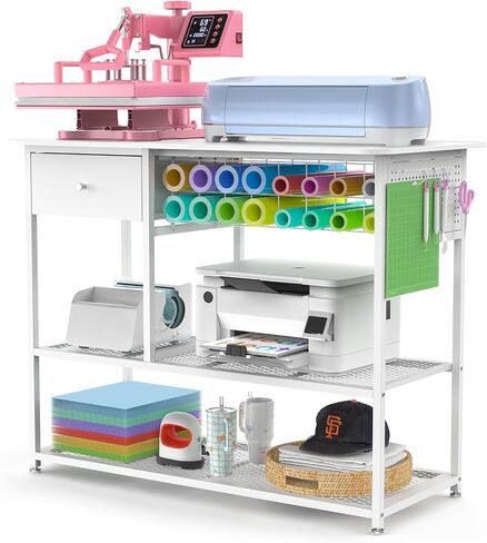 Crafit 3 Tier Movable Heat Press Table, Foldable Heat Transfer Machine Stand with Vinyl Roll Holder, Heavy Duty Rolling Metal Workbench for DIY Sublimation Transfer Machine and Sublimation Printer in Saudi Arabia