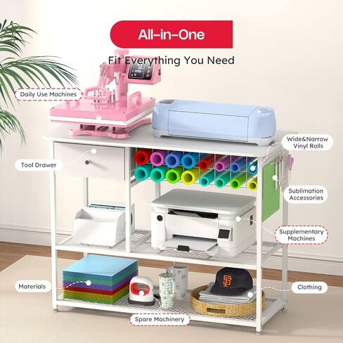 Crafit 3 Tier Movable Heat Press Table, Foldable Heat Transfer Machine Stand with Vinyl Roll Holder, Heavy Duty Rolling Metal Workbench for DIY Sublimation Transfer Machine and Sublimation Printer in Saudi Arabia
