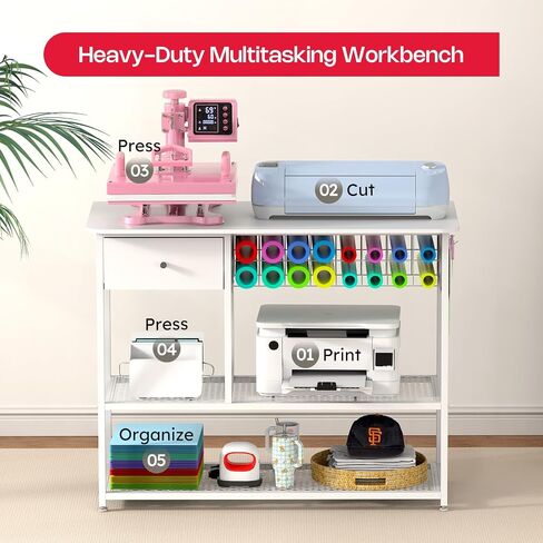 Crafit 3 Tier Movable Heat Press Table, Foldable Heat Transfer Machine Stand with Vinyl Roll Holder, Heavy Duty Rolling Metal Workbench for DIY Sublimation Transfer Machine and Sublimation Printer in Saudi Arabia