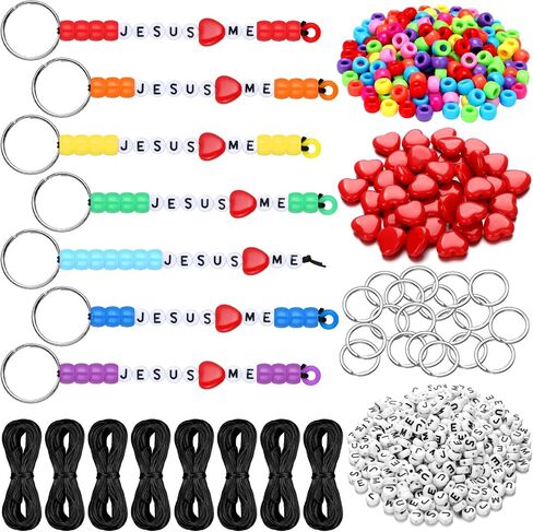 Halloscume 36 Sets يسوع يحبني حبات مفتاحية صنع الحرف اليدوية مجموعة دينية DIY Heart Bible Christian Letters Beads Inspirational Key Ring Gifts for VBS Week School School Church Party Form in Saudi Arabia