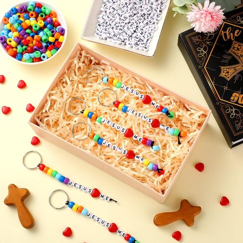 Halloscume 36 Sets يسوع يحبني حبات مفتاحية صنع الحرف اليدوية مجموعة دينية DIY Heart Bible Christian Letters Beads Inspirational Key Ring Gifts for VBS Week School School Church Party Form in Saudi Arabia