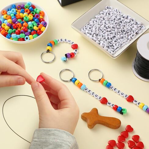 Halloscume 36 Sets يسوع يحبني حبات مفتاحية صنع الحرف اليدوية مجموعة دينية DIY Heart Bible Christian Letters Beads Inspirational Key Ring Gifts for VBS Week School School Church Party Form in Saudi Arabia