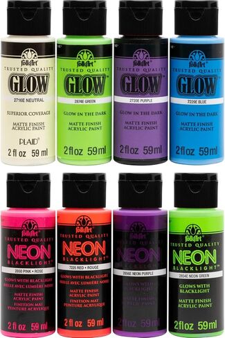 FolkArt Neon and Glow-in-the-Dark Acrylic Craft Paint Set, 8 Colors, 2 fl oz each 4 Beautiful Neon Colors that Glow Under a Blacklight and 4 Glow-in-the-Dark Colors Glow Colors: Neutral Glow, Green in Saudi Arabia
