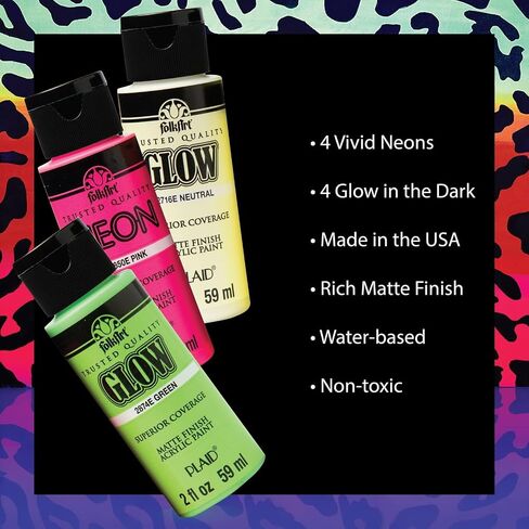FolkArt Neon and Glow-in-the-Dark Acrylic Craft Paint Set, 8 Colors, 2 fl oz each 4 Beautiful Neon Colors that Glow Under a Blacklight and 4 Glow-in-the-Dark Colors Glow Colors: Neutral Glow, Green in Saudi Arabia