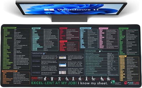 Excel Shortcut Keys Mouse Pad – XXL Extended Desk Mat with Non-Slip Base & Stitched Edges – Black Extra Large Gaming & Office Mousepad, 900x400mm Cheat Sheet for Work, Study & Laptop Setup in Kuwait