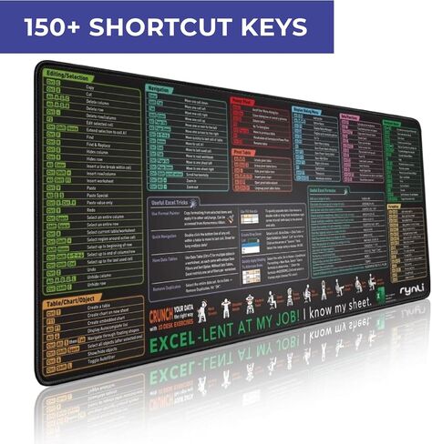 Excel Shortcut Keys Mouse Pad – XXL Extended Desk Mat with Non-Slip Base & Stitched Edges – Black Extra Large Gaming & Office Mousepad, 900x400mm Cheat Sheet for Work, Study & Laptop Setup in Kuwait