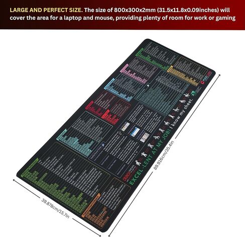 Excel Shortcut Keys Mouse Pad – XXL Extended Desk Mat with Non-Slip Base & Stitched Edges – Black Extra Large Gaming & Office Mousepad, 900x400mm Cheat Sheet for Work, Study & Laptop Setup in Kuwait