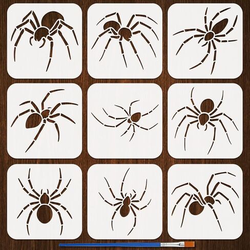 Fingerinspire 9pcs العنكبوت الإستنسل مع الفرشاة البلاستيكية 1pc 5.9x5.9inch 9 أنماط العناكب النمط استنسل قالب هالوين قالب للطلاء على الأثاث الخشب الخشب الأثاث ديي المنزل ديكور in Kuwait