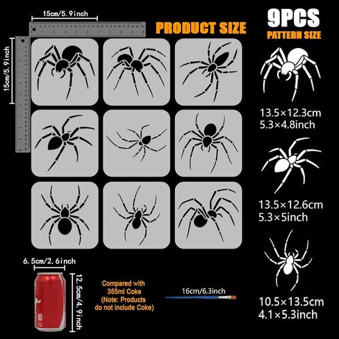 Fingerinspire 9pcs العنكبوت الإستنسل مع الفرشاة البلاستيكية 1pc 5.9x5.9inch 9 أنماط العناكب النمط استنسل قالب هالوين قالب للطلاء على الأثاث الخشب الخشب الأثاث ديي المنزل ديكور in Kuwait