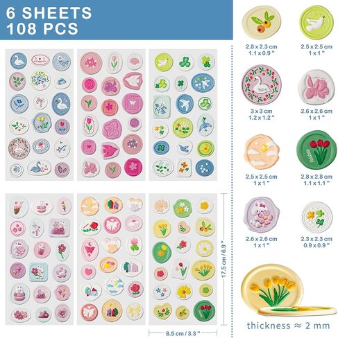 Mayplous 108 Designs Wax Seal Envelope Seal Embossed Stamp Cute 3D Puffy Deco Foam Adhesive Dot Sticker for Scrapbooking Journal Wrapping Card-Making Crafting (Lily) in Saudi Arabia
