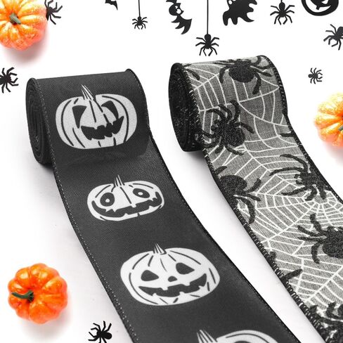 Threetols 2 Rolls 10 Yards Halloween Wired Edge Ribbon, 2.5inch Black Orange Glitter Pumpkin Burlap Ribbon, Orange Velvet Ribbon for Halloween Party DIY Craft Home Wreaths Bow Decor in Saudi Arabia