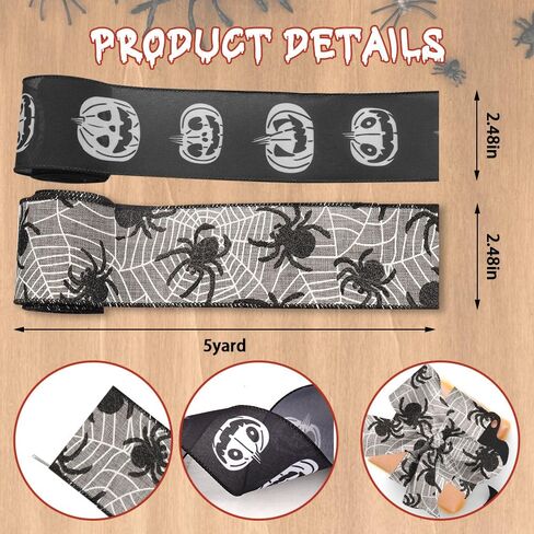 Threetols 2 Rolls 10 Yards Halloween Wired Edge Ribbon, 2.5inch Black Orange Glitter Pumpkin Burlap Ribbon, Orange Velvet Ribbon for Halloween Party DIY Craft Home Wreaths Bow Decor in Saudi Arabia