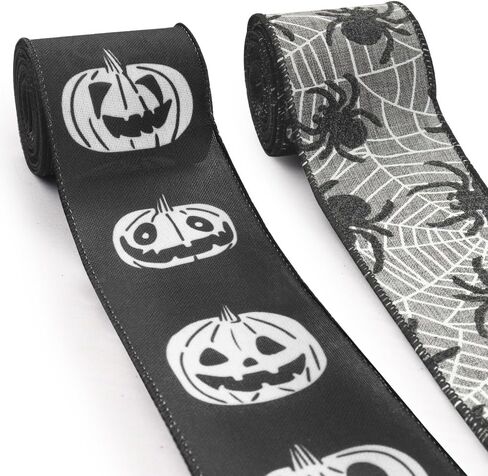 Threetols 2 Rolls 10 Yards Halloween Wired Edge Ribbon, 2.5inch Black Orange Glitter Pumpkin Burlap Ribbon, Orange Velvet Ribbon for Halloween Party DIY Craft Home Wreaths Bow Decor in Saudi Arabia