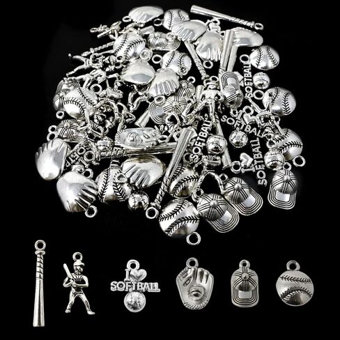 Honbay 60pcs alloy ball Sports Charms Softball charms قلادة قفازات الكرة اللينة لاعبي Cap Player Pendants لأقراط Making Jewely Netclace Making (6 Style) in Saudi Arabia