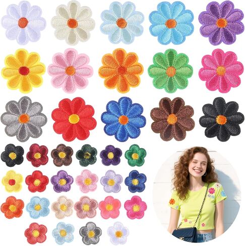 Giantree 37 Pcs Colorful Flower Iron-on Patches, Cute Daisy Flowers Applique Patches, Sew Embroidered Applique Sewing Patch, Cute Flower Iron-On Patch for Bags Jackets Jeans Clothing DIY in Saudi Arabia