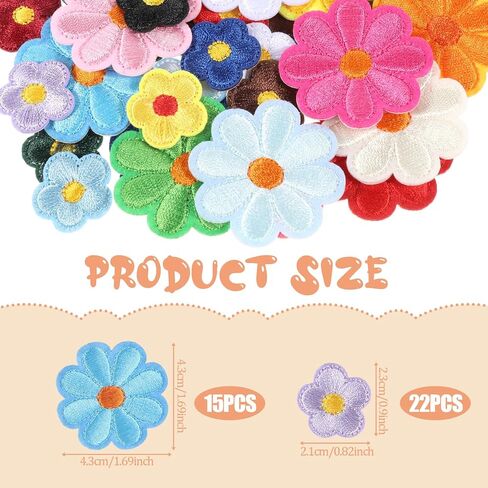 Giantree 37 Pcs Colorful Flower Iron-on Patches, Cute Daisy Flowers Applique Patches, Sew Embroidered Applique Sewing Patch, Cute Flower Iron-On Patch for Bags Jackets Jeans Clothing DIY in Saudi Arabia
