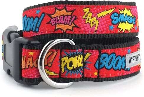 The Worthy Dog Comic Book Strip Speech Bubbles Blam Smash Boom POW! ZAP! Adjustable Designer Pet Dog Collar - XS, Red in Saudi Arabia