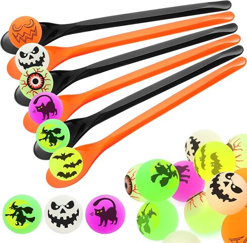 Gejoy 18 يضع لعبة Halloween Egg and Spoon Race Game مجموعة 18 توهجًا في كرات الارتداد المظلمة و 18 ملعقة بيض وملعقة تتابع لعبة الإمدادات الحفلات (أسلوب مقلة) in Saudi Arabia