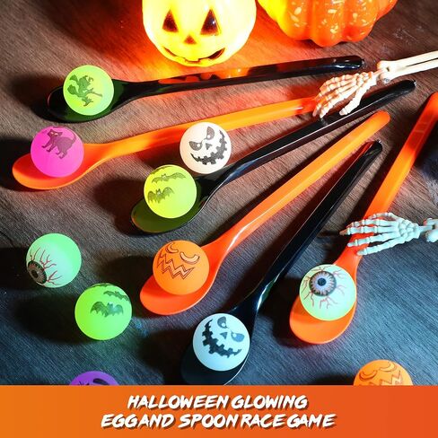 Gejoy 18 يضع لعبة Halloween Egg and Spoon Race Game مجموعة 18 توهجًا في كرات الارتداد المظلمة و 18 ملعقة بيض وملعقة تتابع لعبة الإمدادات الحفلات (أسلوب مقلة) in Saudi Arabia