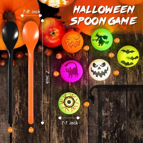 Gejoy 18 يضع لعبة Halloween Egg and Spoon Race Game مجموعة 18 توهجًا في كرات الارتداد المظلمة و 18 ملعقة بيض وملعقة تتابع لعبة الإمدادات الحفلات (أسلوب مقلة) in Saudi Arabia