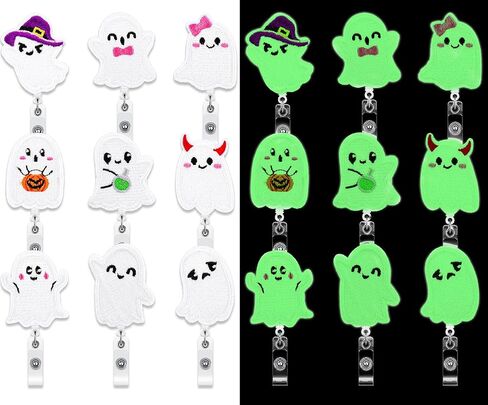 9Pcs Halloween Badge Reel with Clips Glow in The Dark Ghost Retractable ID Name Badge Holder for Office Hospital Nurse Teacher Favors Supplies in Saudi Arabia