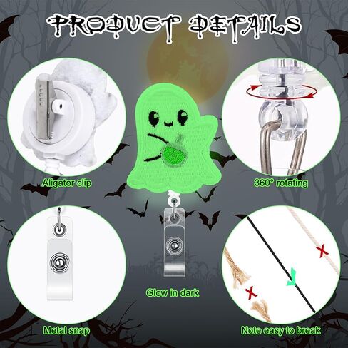 9Pcs Halloween Badge Reel with Clips Glow in The Dark Ghost Retractable ID Name Badge Holder for Office Hospital Nurse Teacher Favors Supplies in Saudi Arabia